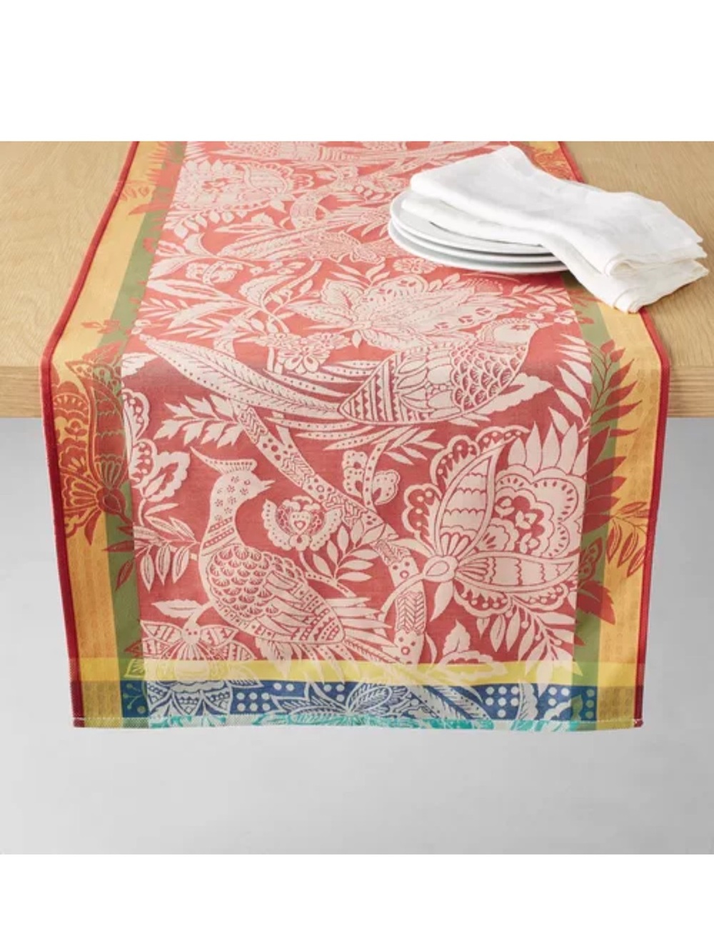 Sur La Table Coral Floral & Bird Cotton Table Runner with Multicolor Borders